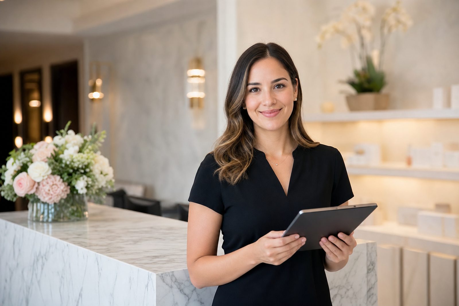 Med spa front desk manager scheduling an automated email and SMS rebooking flow on a tablet, with appointment reminders and membership renewals in a bright clinic reception