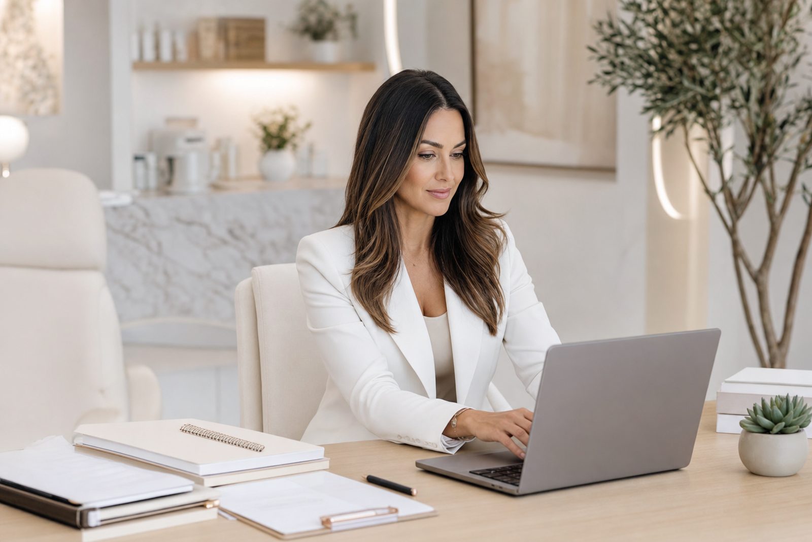 Med spa owner mapping a 12-month marketing plan on a laptop with a content calendar, target audience notes, and budget projections in a modern aesthetic clinic office