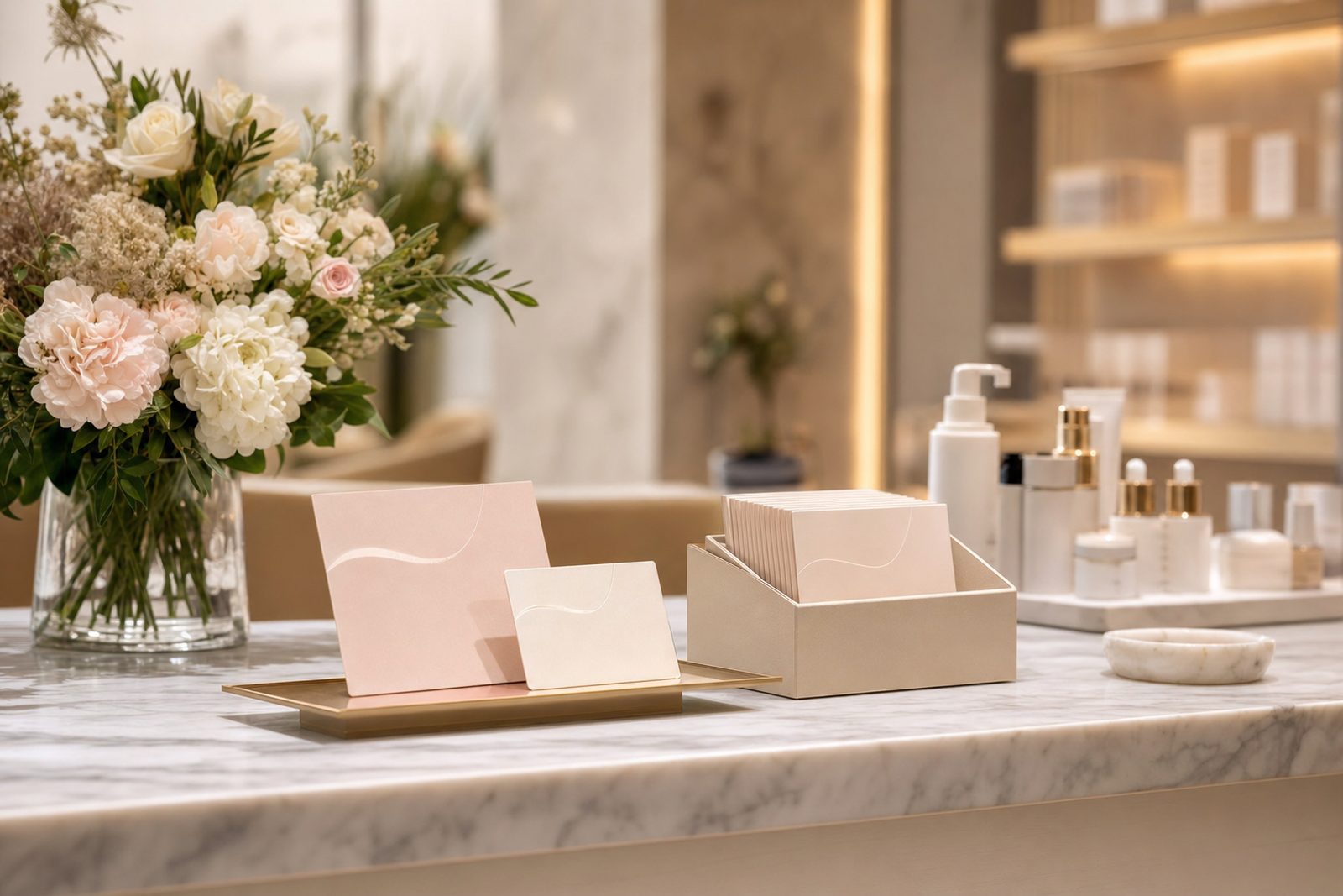 Med spa manager designing a monthly membership and seasonal specials menu on a tablet at a sleek reception desk in a modern aesthetic clinic