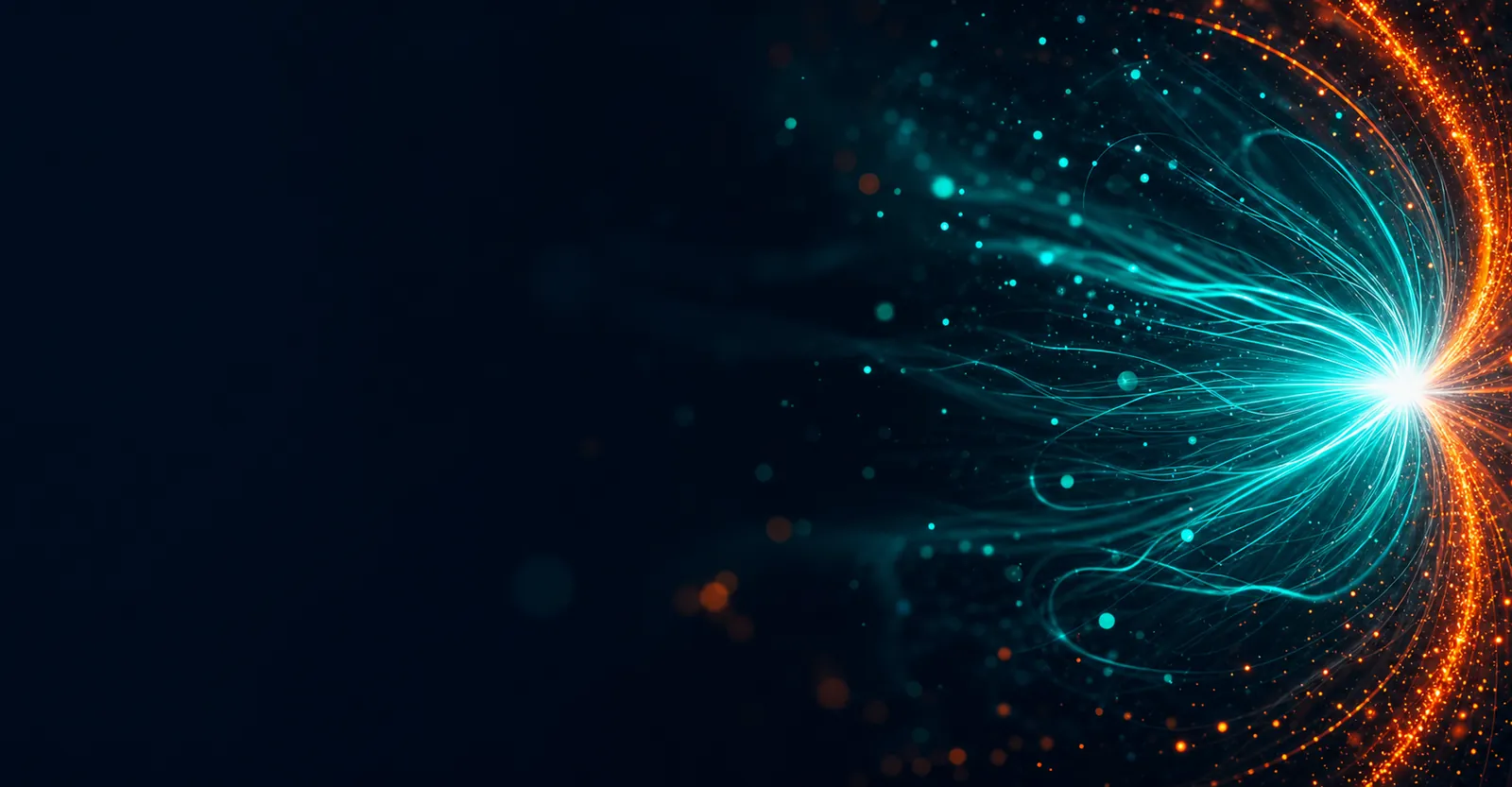 Teal and cyan light filaments converging into a bright core on the right with a warm orange arc — abstract Auqual brand backdrop behind the Google Business Profile headline