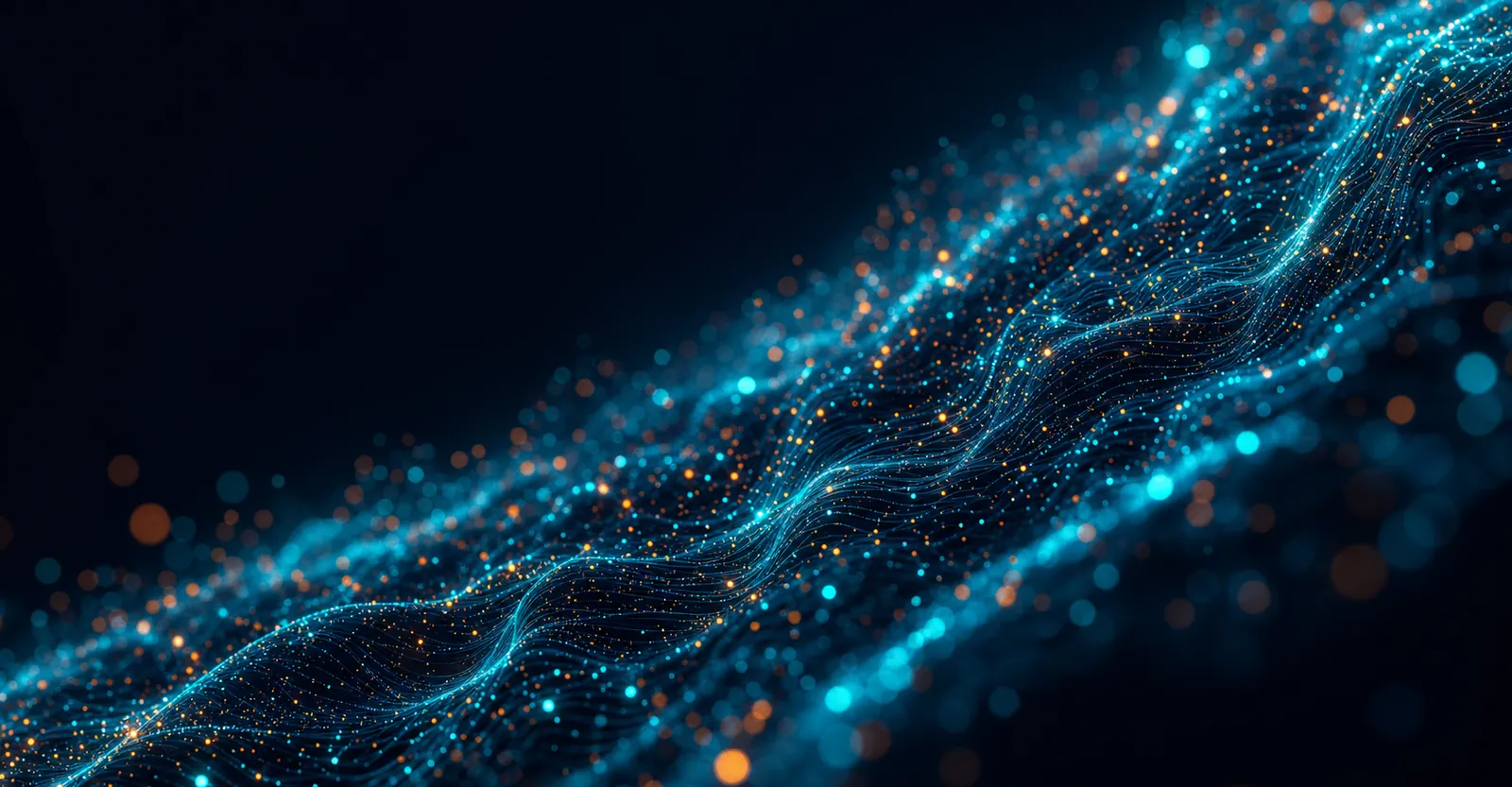 A diagonal teal data-stream cutting across a deep navy field with orange sparks — abstract AUQUAL brand backdrop behind the Generative Engine Optimization headline